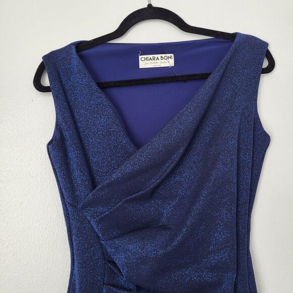 $1090 Chiara Boni La Petite Robe Metallic Blue V-Neck Sunburst Wrap Gown… - Picture 12 of 16